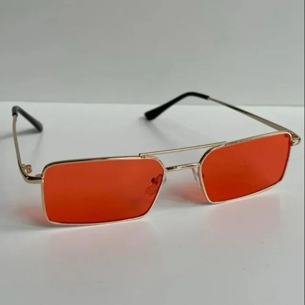 vintage y2k 90s 2000s unique slim gold trim red lens sunglasses